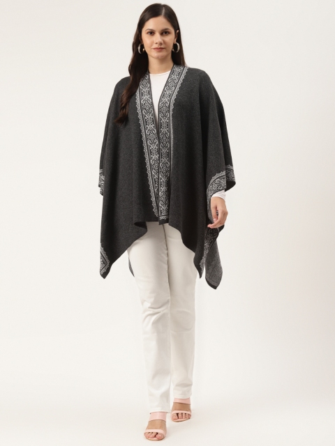 

American Eye Women Charcoal Grey & White Printed Open Front Longline Shrug