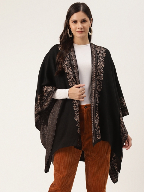 

American Eye Women Black & Beige Floral Patterned Acrylic Longline Poncho Style Shrug