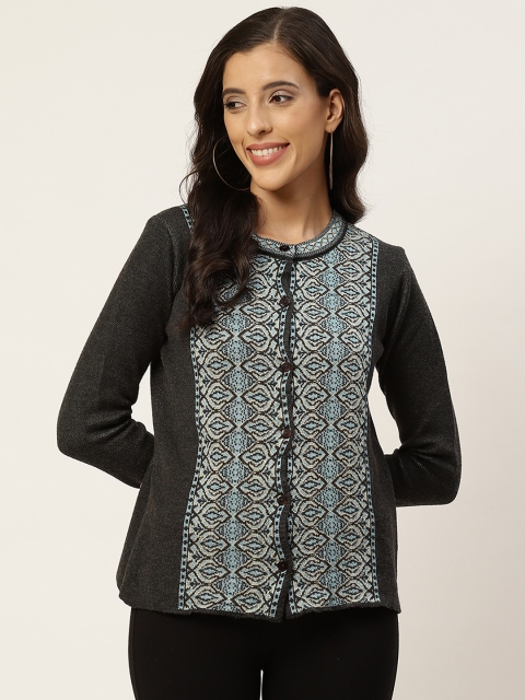 

American Eye Women Charcoal Grey & Blue Woven Design Cardigan