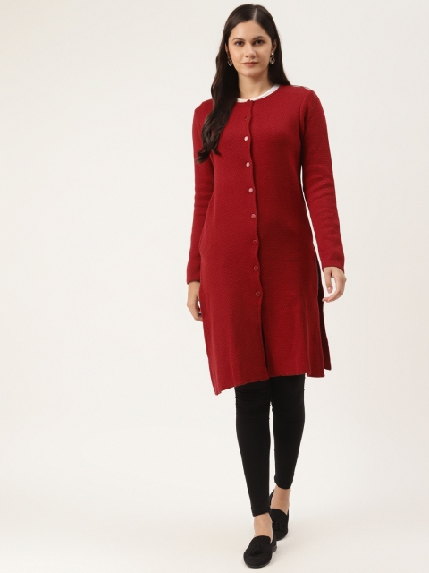 

American Eye Women Maroon Solid Longline Cardigan