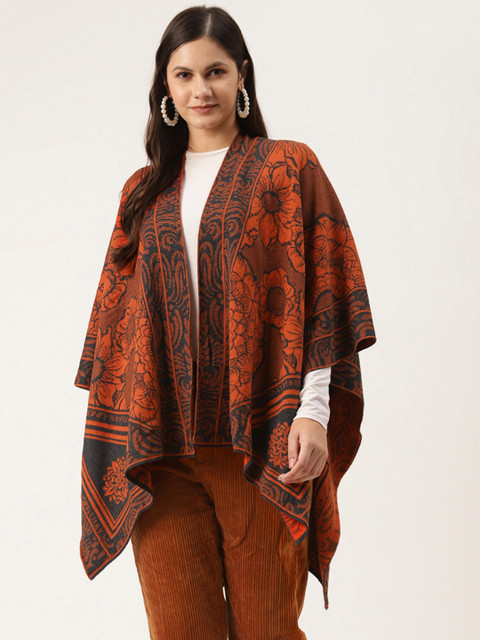 

American Eye Women Orange & Black Printed Open Front Longline Shrug