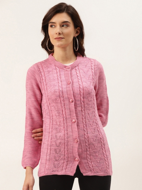 

American Eye Women Pink Cable Knit Woven Design Cardigan