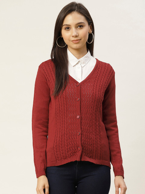 

American Eye Women Maroon Cable Knit Acrylic Cardigan