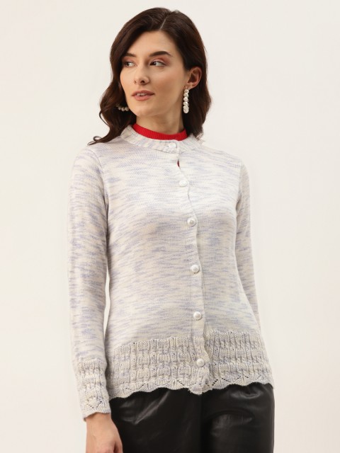 

American Eye Women Off White & Purple Woven Striped Cardigan