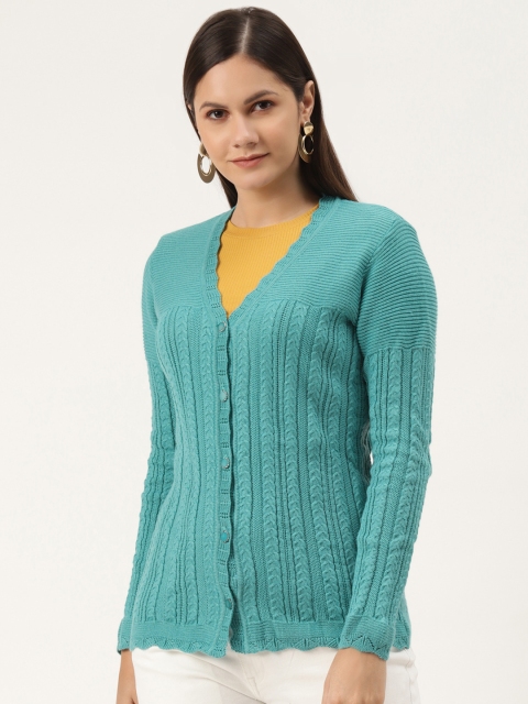 

American Eye Women Turquoise Blue Cable Knit Woven Design Cardigan