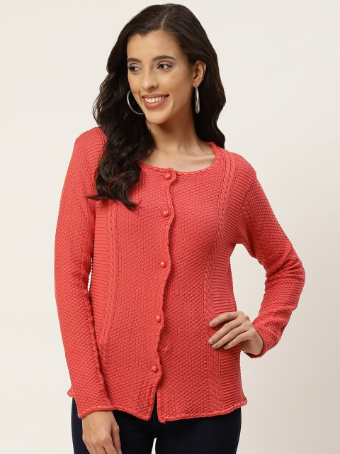 

American Eye Women Coral Orange Self-Design Cardigan