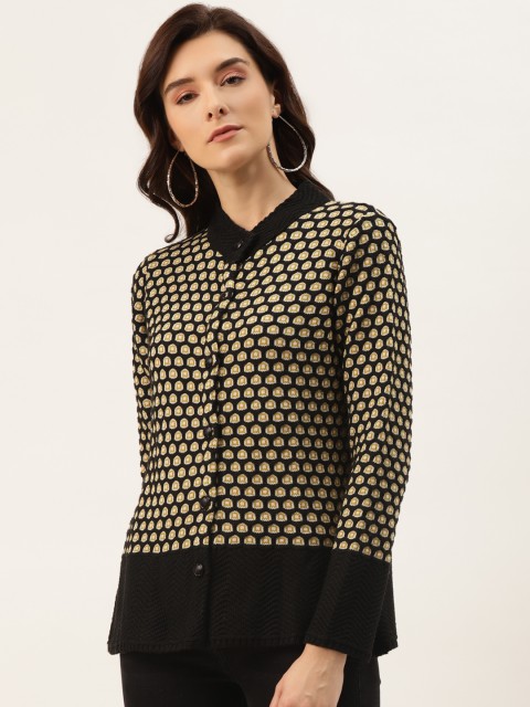 

American Eye Women Black & Yellow Geometric Woven Design Cardigan