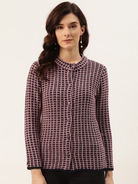 

American Eye Women Pink & Navy Blue Woven Checked Cardigan