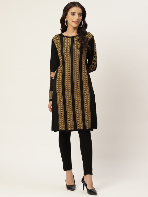 

American Eye Women Black & Mustard Yellow Woven Design Straight Winter Kurta