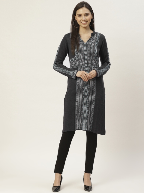 

American Eye Women Charcoal Grey & Blue Geometric Printed Acryclic Kurta