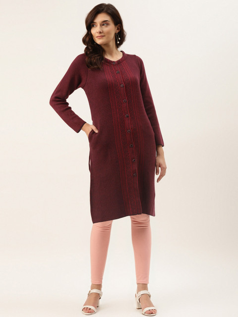 

American Eye Women Maroon & Black Woven Design Longline Cardigan