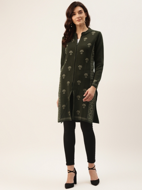

American Eye Women Olive Green & Beige Ethnic Motifs Woven Design Longline Cardigan