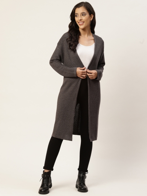 

American Eye Women Charcoal Grey Self-Design Longline Front-Open Sweater