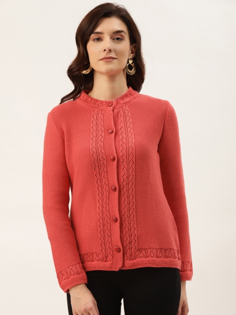 

American Eye Women Coral Red Solid Cardigan