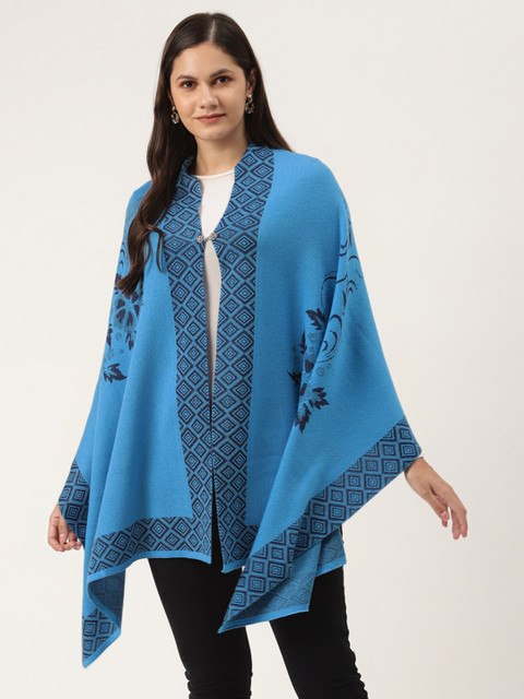 

American Eye Women Blue Longline Self-Design Detail Poncho