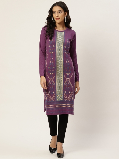 

American Eye Women Purple & Cream-Coloured Ethnic Motif Woven Design Straight Winter Kurta