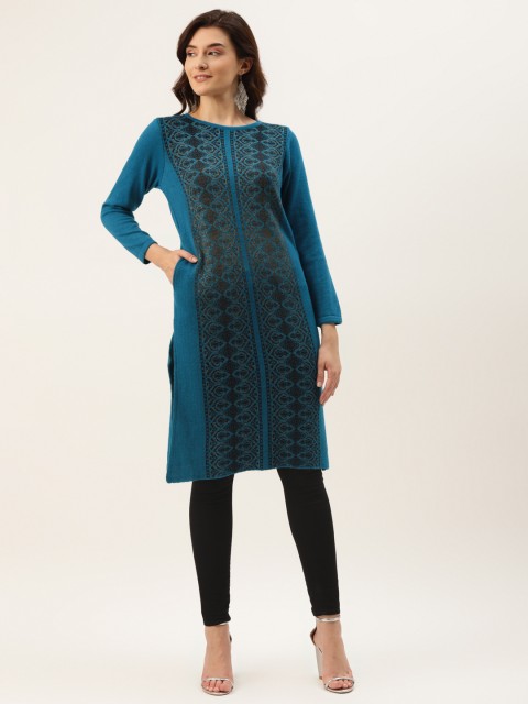 

American Eye Women Blue & Olive Green Geometric Printed Kurta