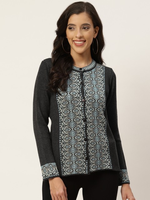 

American Eye Women Charcoal Grey & Blue Self-Design Cardigan