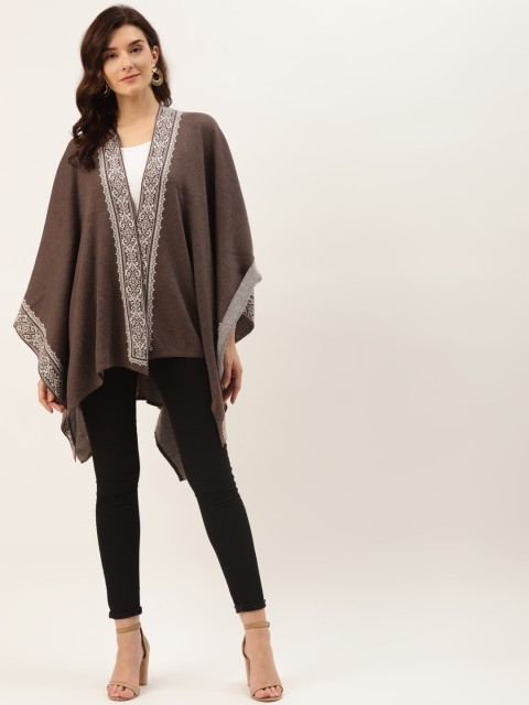 

American Eye Women Brown Longline Self-Design Detail Poncho