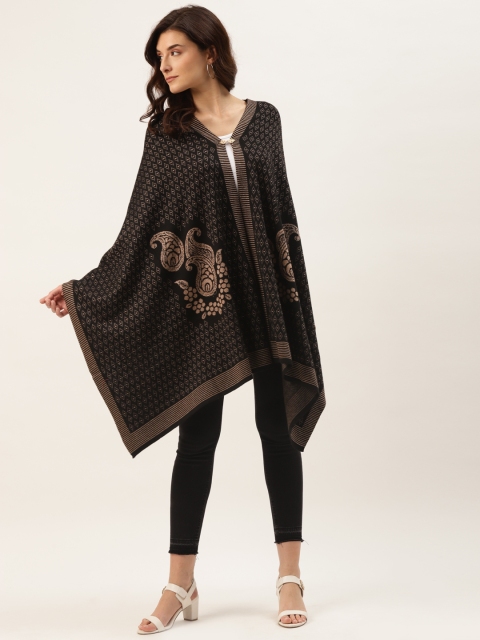 

American Eye Women Black & Golden Longline Self-Design Poncho