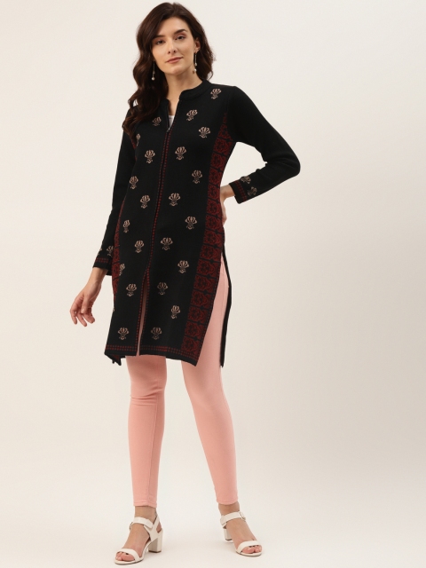 

American Eye Women Black & Pink Ethnic Motifs Woven Design Longline Cardigan