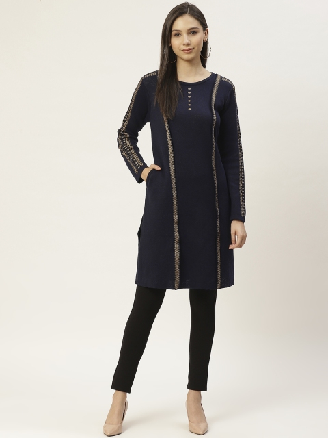

American Eye Women Navy Blue & Beige Striped Indigo Acrylic Kurta