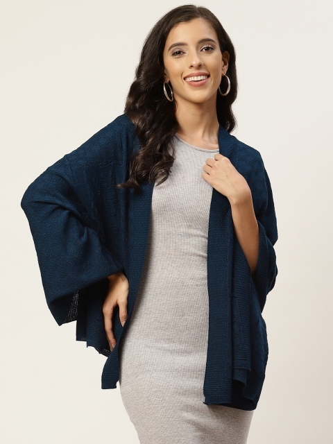 

American Eye Women Navy Blue Self-Checked Poncho Style Shrug
