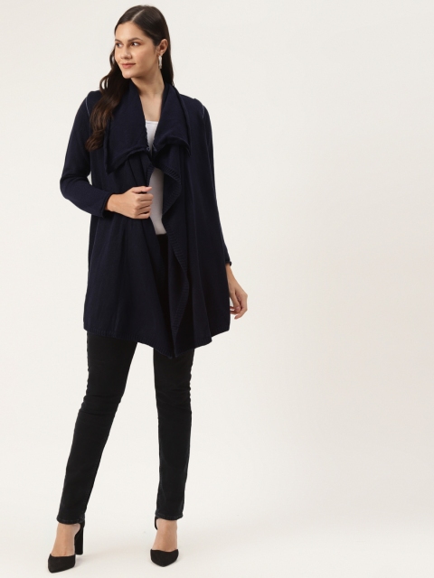 

American Eye Women Navy Blue Solid Longline Front-Open Sweater