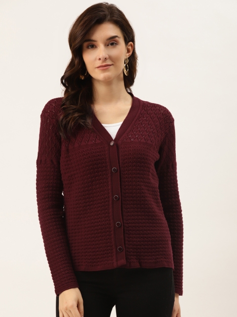 

American Eye Women Burgundy Self Design Cardigan