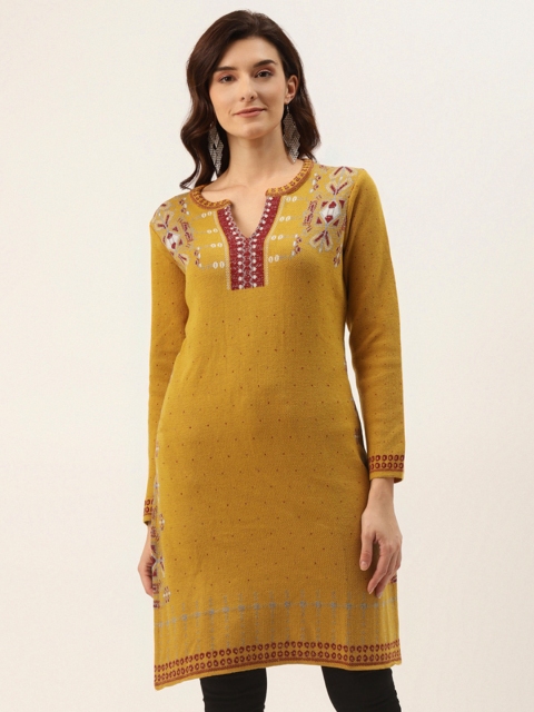 

American Eye Women Mustard Yellow & Red Geometric Printed Kurta