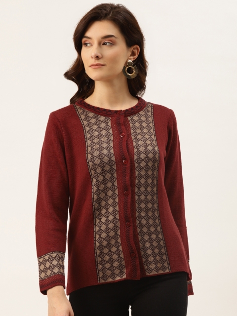 

American Eye Women Maroon & Beige Printed Cardigan