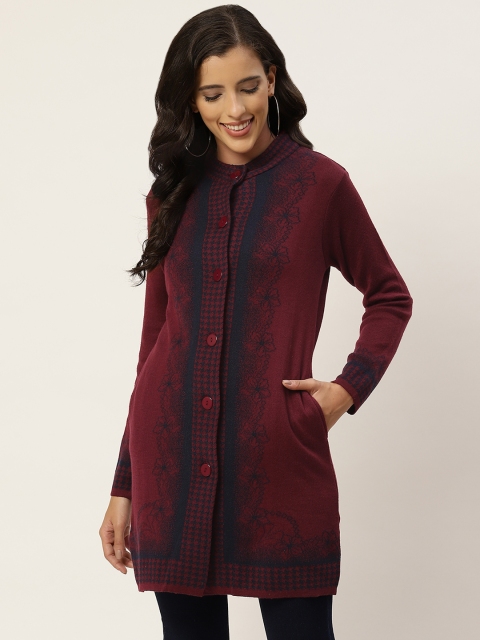 

American Eye Women Maroon & Navy Blue Self-Design Longline Cardigan