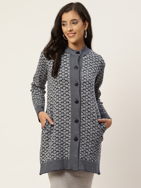 

American Eye Women Navy Blue & Grey Self-Design Longline Cardigan