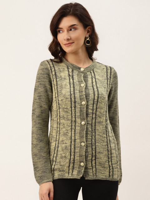 

American Eye Women Green Solid Melange Effect Cardigan