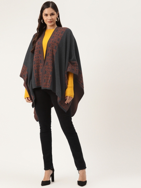

American Eye Women Charcoal Grey & Rust Orange Longline Self-Design Detail Poncho