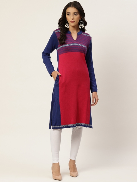 

American Eye Women Red & Blue Colourblocked Knitted Winter Kurta