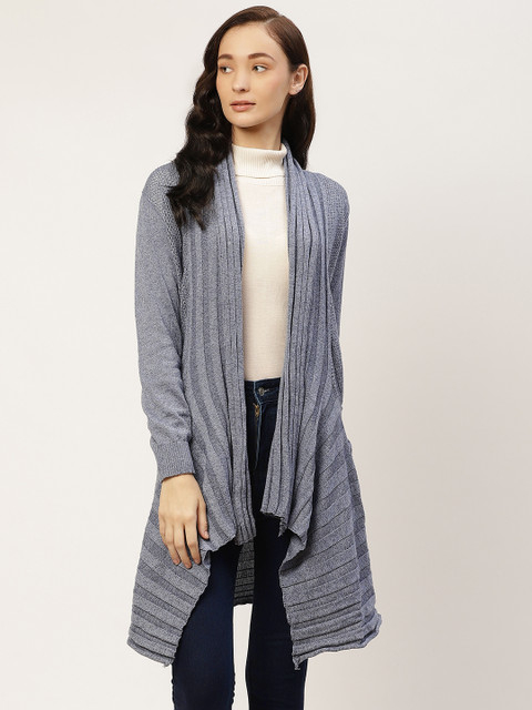 

American Eye Women Blue Self-Striped Longline Shrug