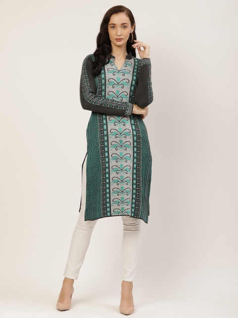 

American Eye Women Green & Charcoal Grey Striped Winter Kurta
