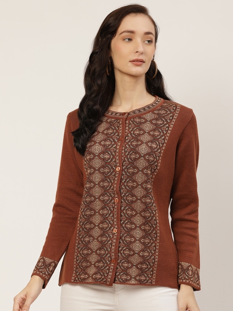 

American Eye Women Brown & Beige Ethnic Woven Design Cardigan