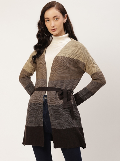 

American Eye Women Brown & Beige Colourblocked Longline Front-Open Sweater