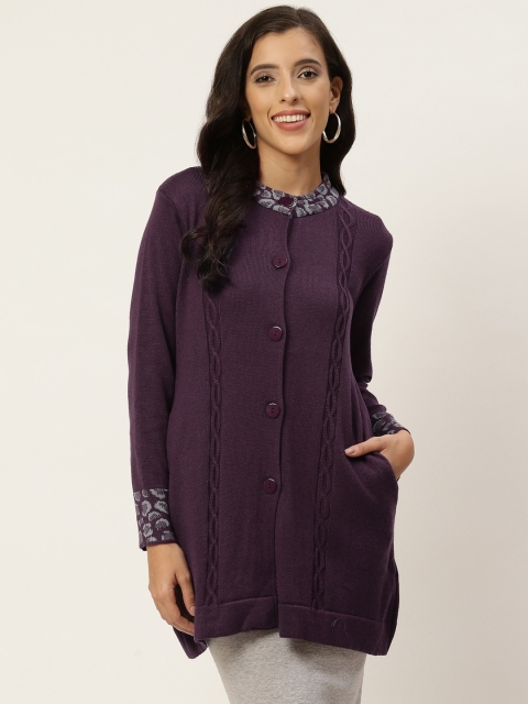 

American Eye Women Purple Cable Knit Detail Longline Cardigan