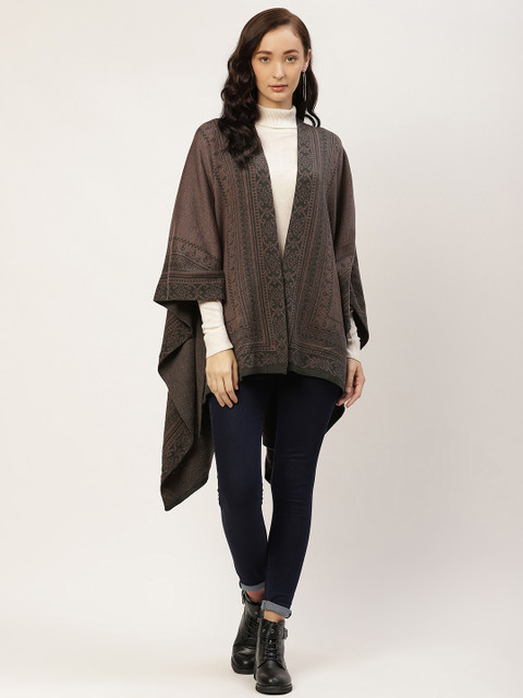 

American Eye Women Brown & Charcoal Grey Printed Open Front Longline Shrug