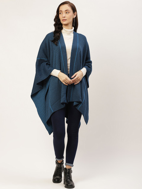 

American Eye Women Teal Blue & Black Self Design Open-Front Longline Shrug