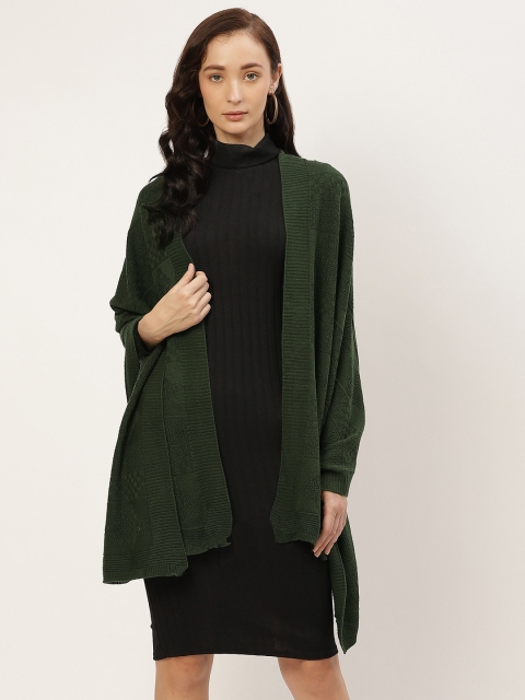 

American Eye Women Olive Green Self Design Acrylic Open Front Longline Shrug