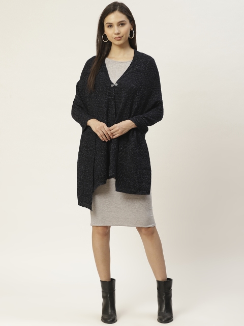

American Eye Women Navy Blue Woven Design Longline Front-Open Sweater
