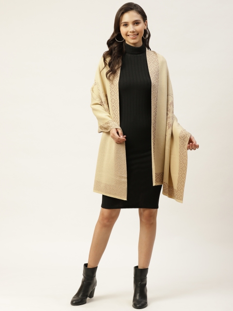 

American Eye Women Beige Solid Front Open Longline Shrug