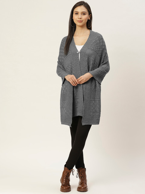 

American Eye Women Grey Woven Design Longline Front-Open Sweater