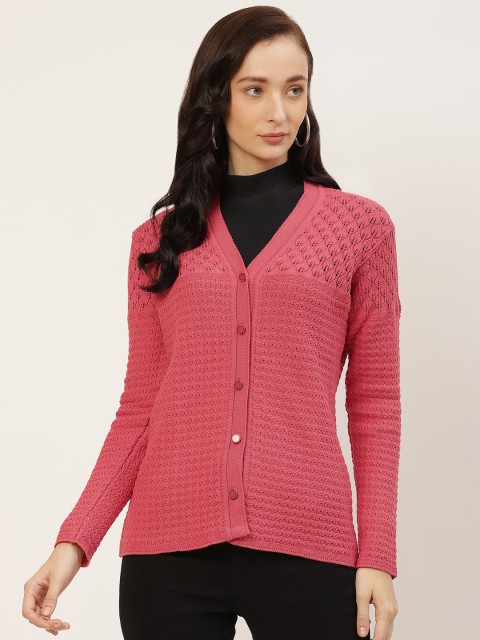 

American Eye Women Coral Pink Self-Design Cardigan