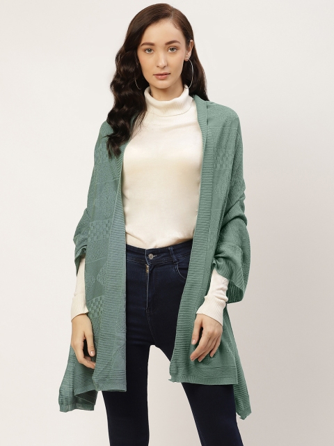 

American Eye Women Sea Green Self Design Longline Shrug