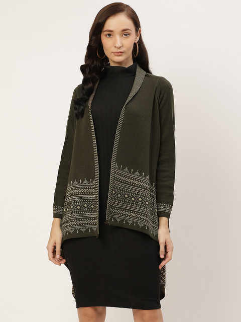 

American Eye Women Olive Green & Off White Ethnic Motifs Woven Design Longline Shrug